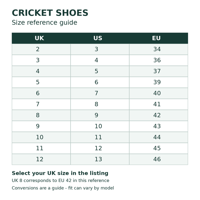 Cricket shoe UK US EU size reference chart - select your UK size; UK8 corresponds to EU42 in this stock reference