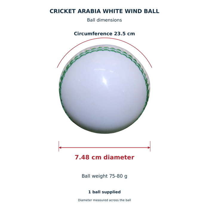 White wind cricket ball with arrows showing 7.48 cm diameter, 23.5 cm circumference and 75-80 g weight
