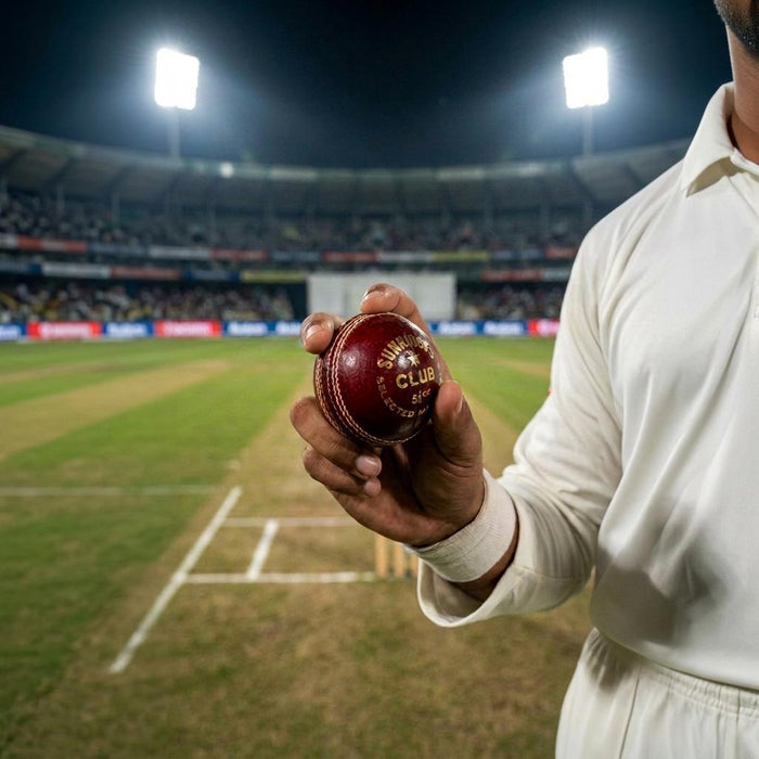 Cricketer holding the SS Club ball in a floodlit stadium