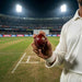 Cricketer holding the SS Club ball in a floodlit stadium