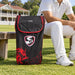 Black and red SG Dragon Ace cricket duffle bag beside a cricketer at the pavilion