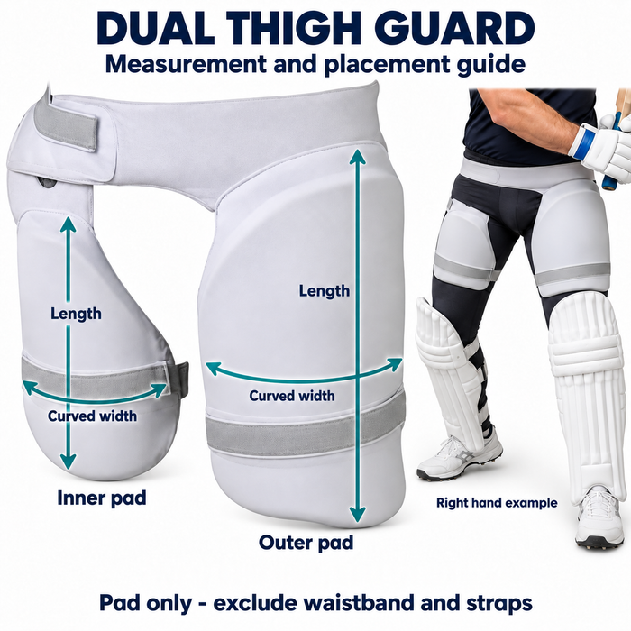 Illustrative dual thigh guard measuring guide with pad-only length arrows, curved edge-to-edge width arrows and right hand fitting example