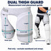 Illustrative dual thigh guard measuring guide with pad-only length arrows, curved edge-to-edge width arrows and right hand fitting example