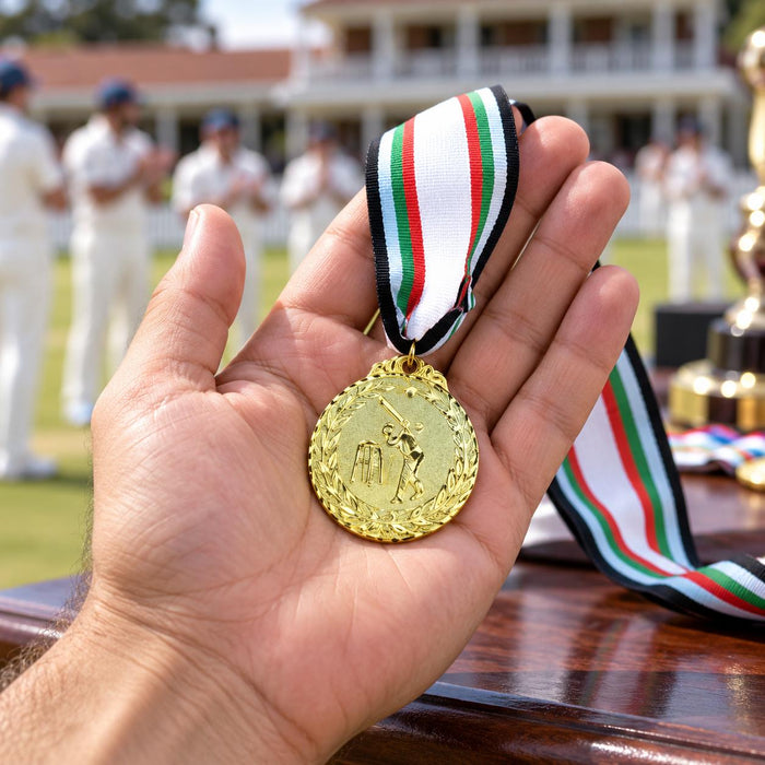Cricket Arabia gold cricket award medal - cricket motif and laurel detailing
