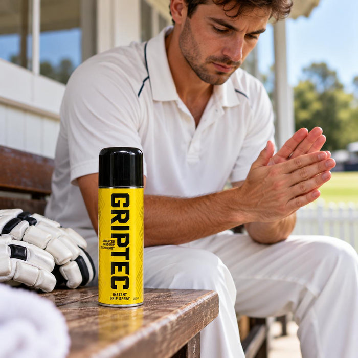 Griptec Instant Grip Spray 200ml beside a cricketer preparing hands before play