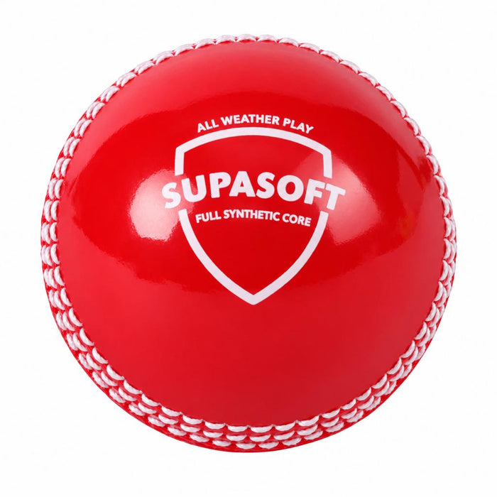 SG Supasoft red ball showing Supasoft and full synthetic core print