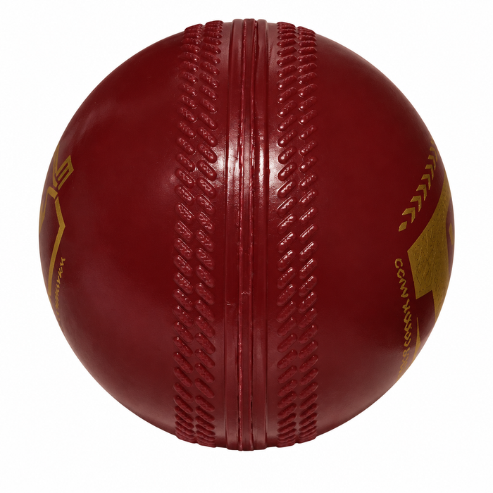 SG Everlast Tec red synthetic cricket ball molded seam close-up