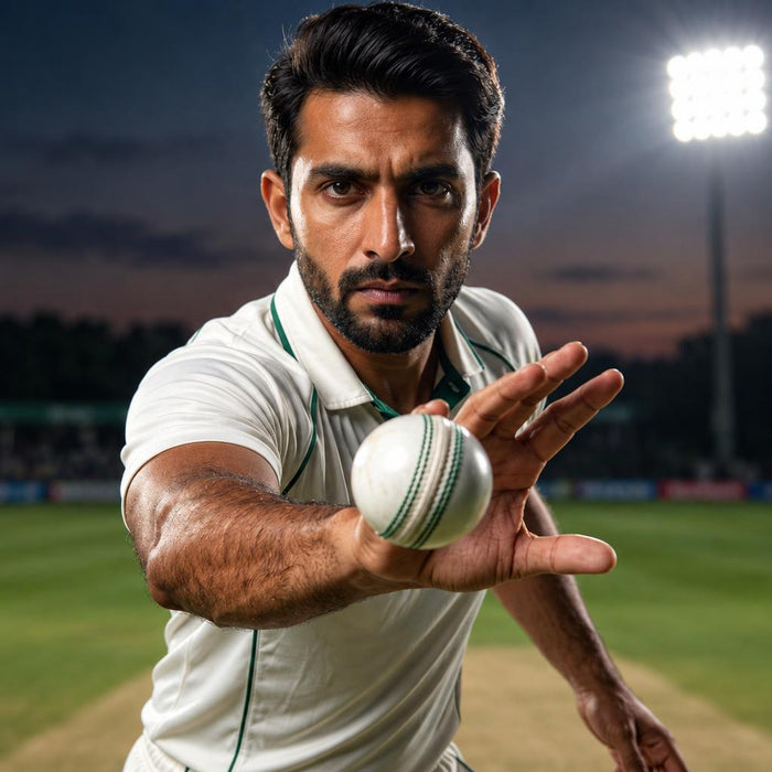 Cricket bowler with a white leather cricket ball