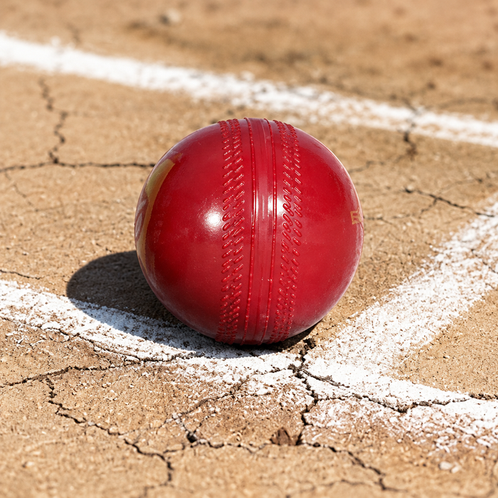 Red synthetic cricket ball showing molded seam on the crease