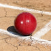 Red synthetic cricket ball showing molded seam on the crease