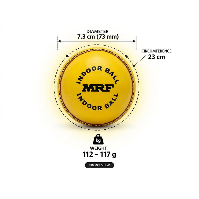 MRF indoor ball specifications: 7.3 cm diameter, 23 cm circumference and 112–117 g weight