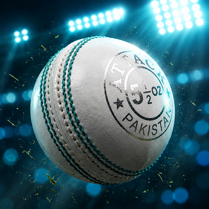 CA Attack white leather cricket ball showing green seam under stadium lights