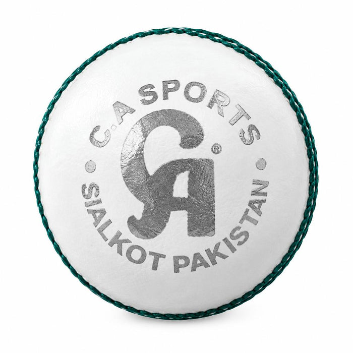 White leather cricket ball with CA Sports branding and green seam