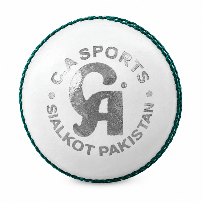White leather cricket ball with CA Sports branding and green seam
