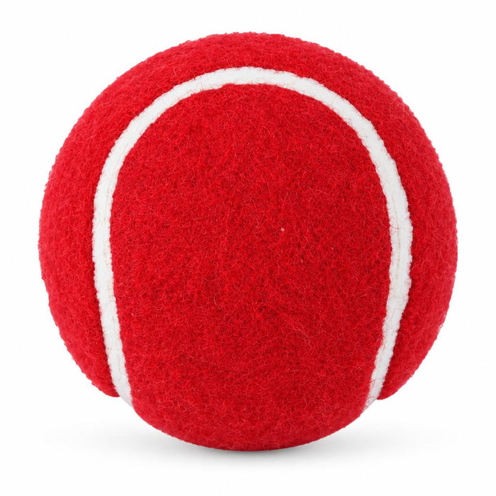 Rear close-up of red SG Spark cricket tennis ball showing felt and white seams