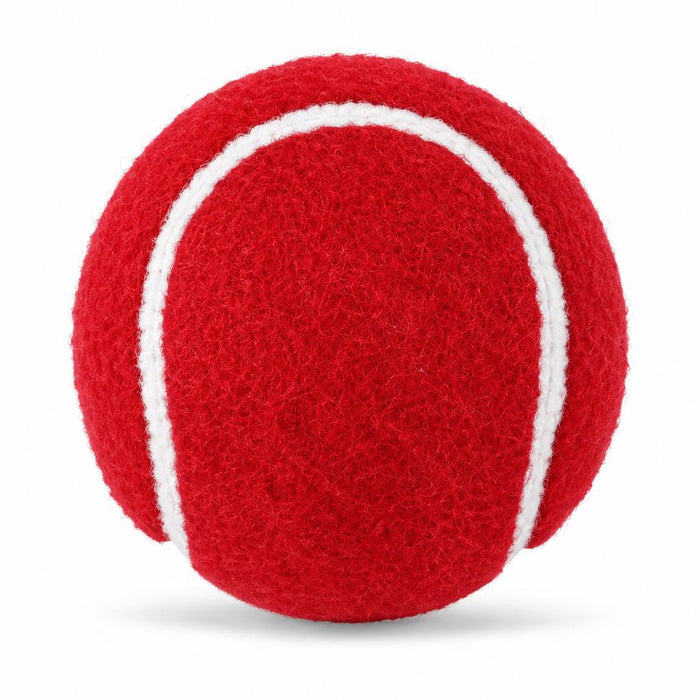 Red tennis cricket ball showing white curved seam on white background