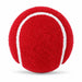 Red tennis cricket ball showing white curved seam on white background