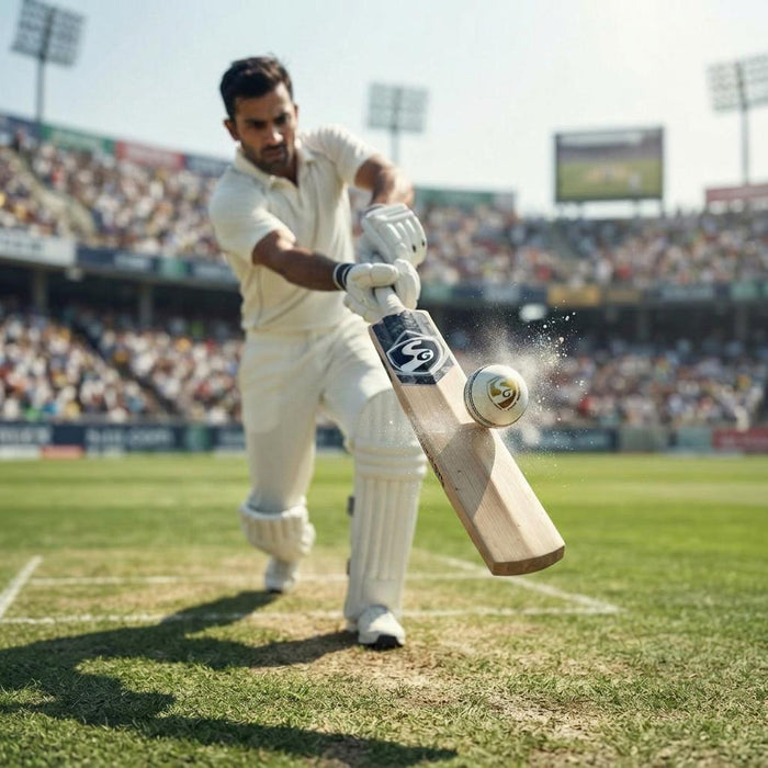 White SG cricket ball in batting scene on a cricket ground
