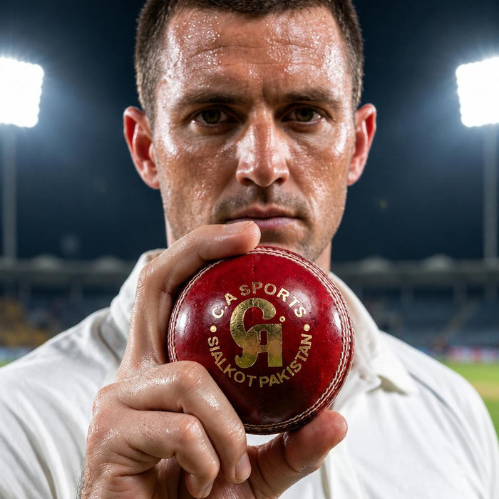 Cricket player holding a red CA cricket ball