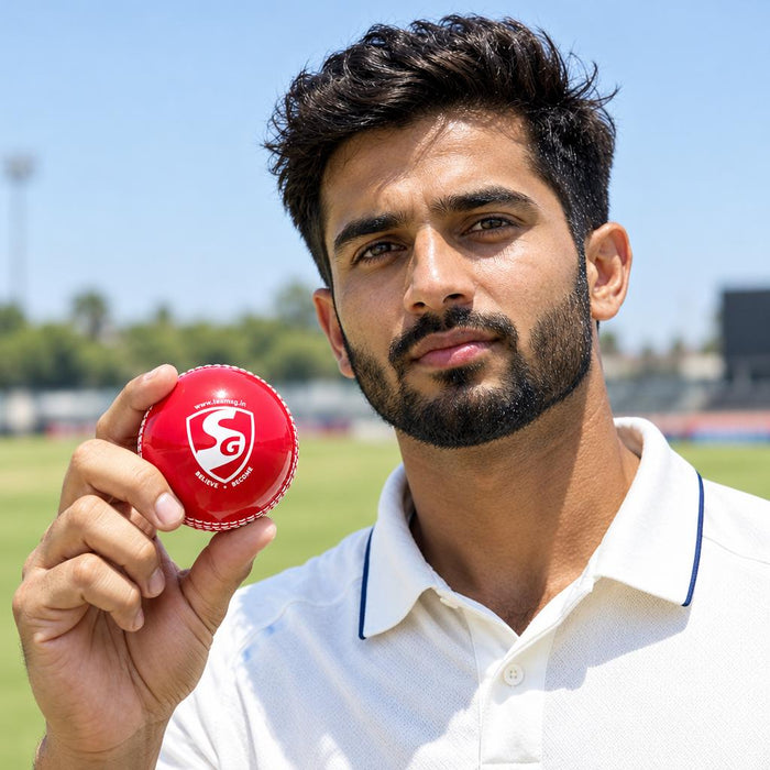 Cricket player holding a red SG synthetic cricket ball