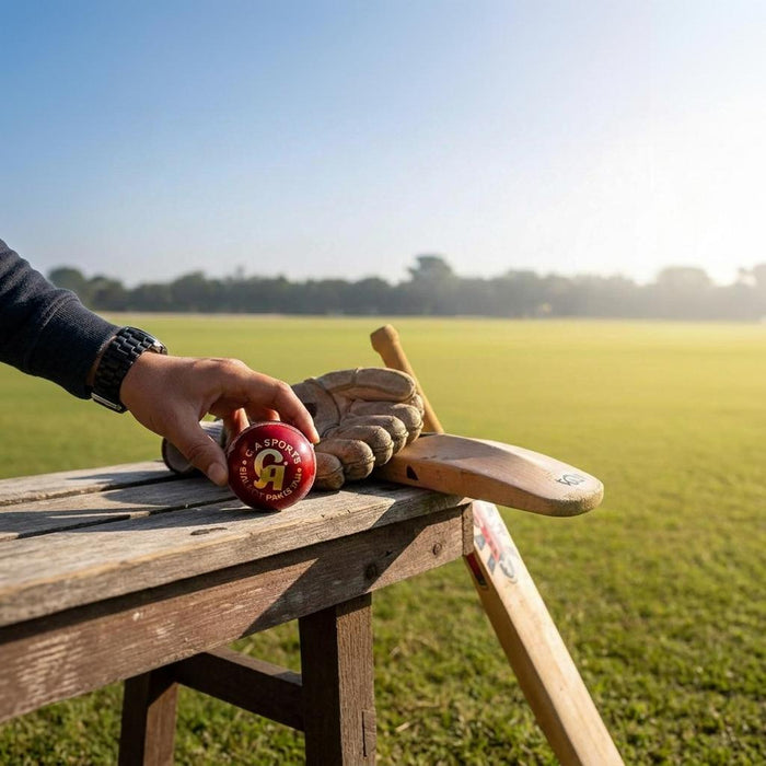 CA League Special red cricket ball on a wooden bench beside cricket equipment