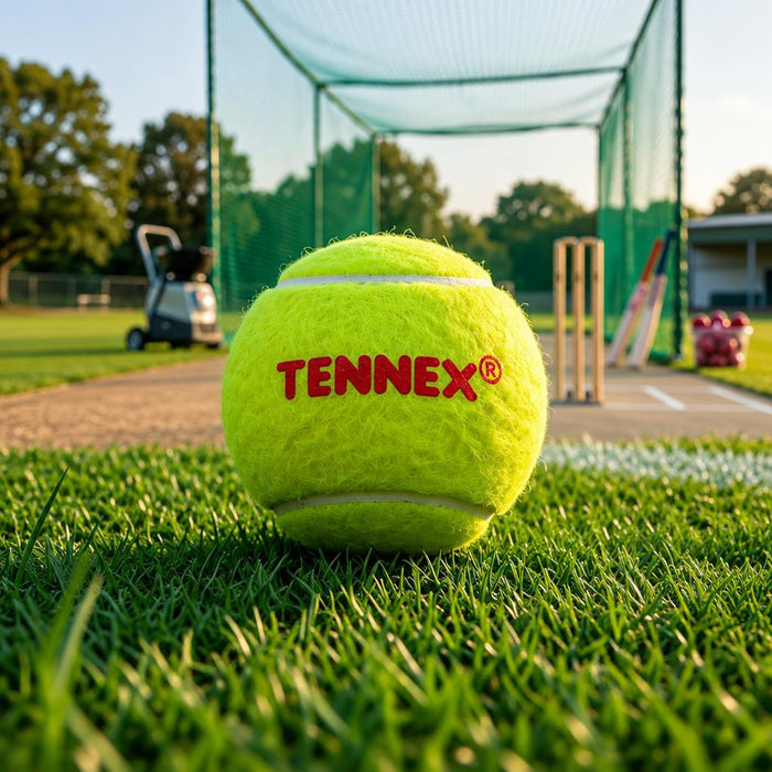 Green Tennex cricket tennis ball beside cricket practice nets