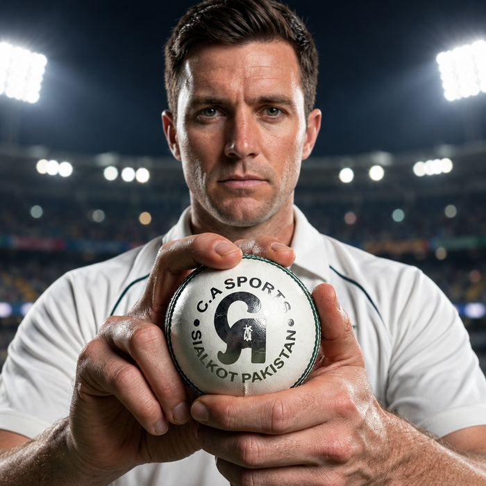 Cricket player holding a white CA cricket ball
