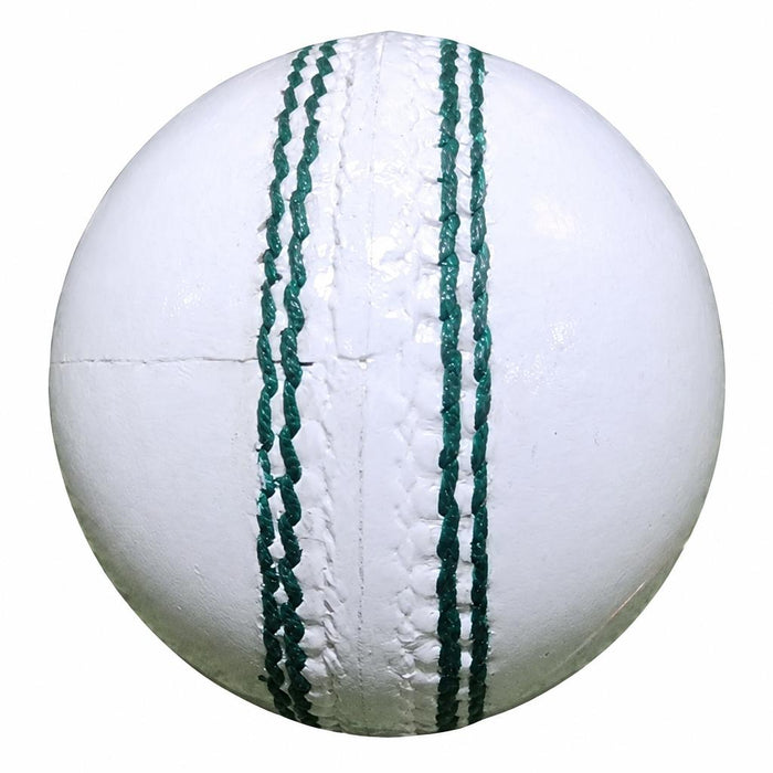 White leather cricket ball with green seam stitching on white background
