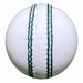 White leather cricket ball with green seam stitching on white background