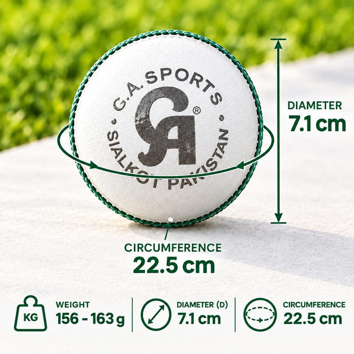 CA Attack cricket ball specifications: 156-163 g weight, 7.1 cm diameter and 22.5 cm circumference