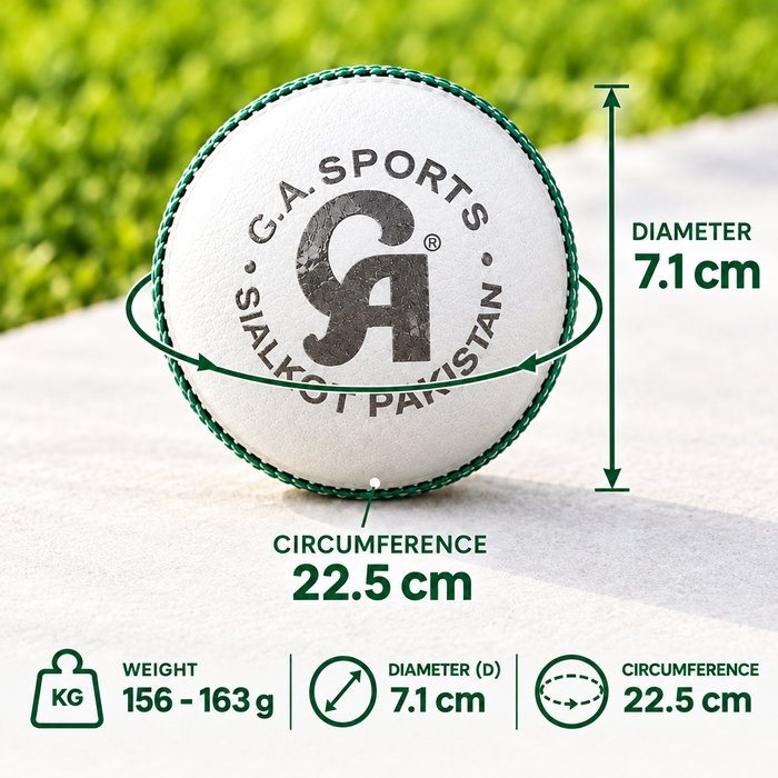 CA Attack cricket ball specifications: 156–163 g weight, 7.1 cm diameter and 22.5 cm circumference