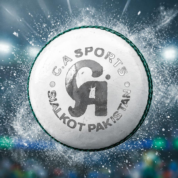 White CA cricket ball against a dramatic stadium background