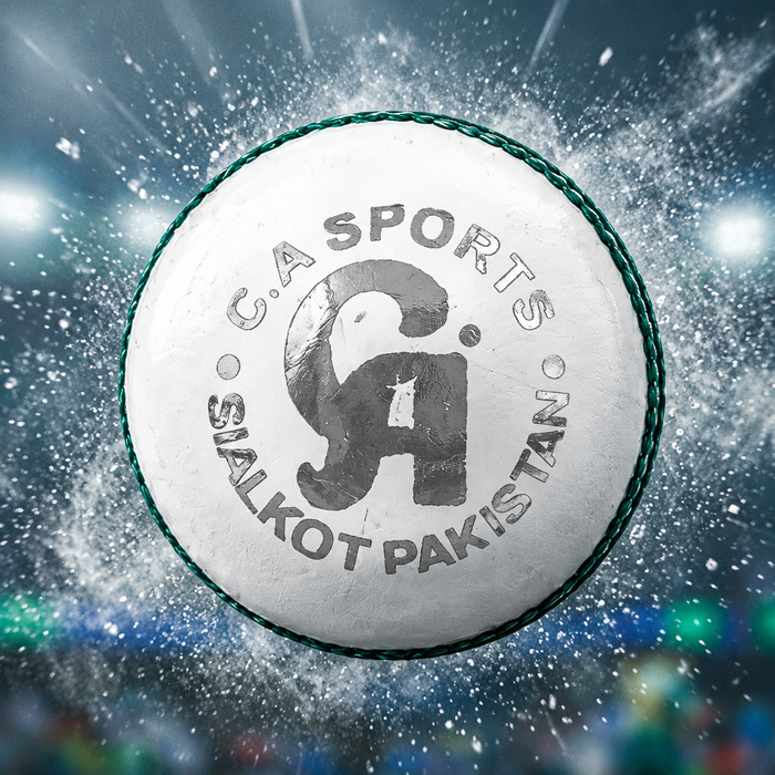 White CA cricket ball against a dramatic stadium background