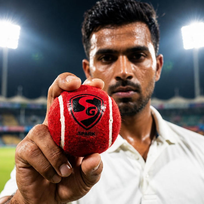 Cricket player holding a red SG Spark tennis cricket ball