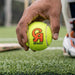 Hand holding a neon yellow CA Speed cricket ball