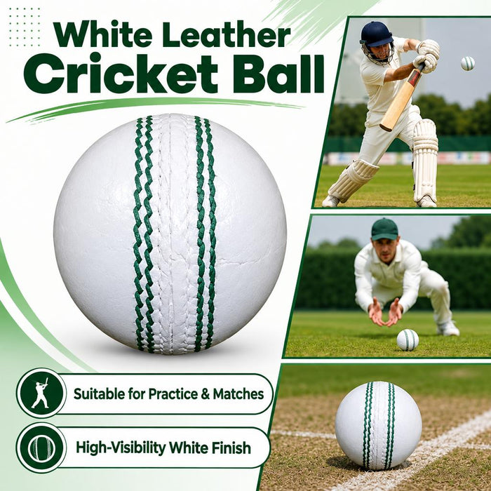 White leather cricket ball overview with cricket scenes