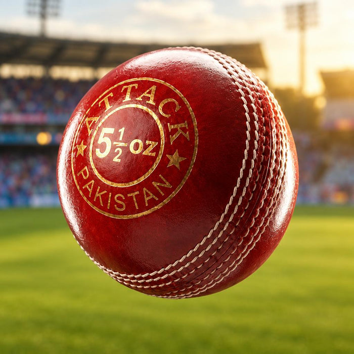 Red CA Attack cricket ball with stadium background