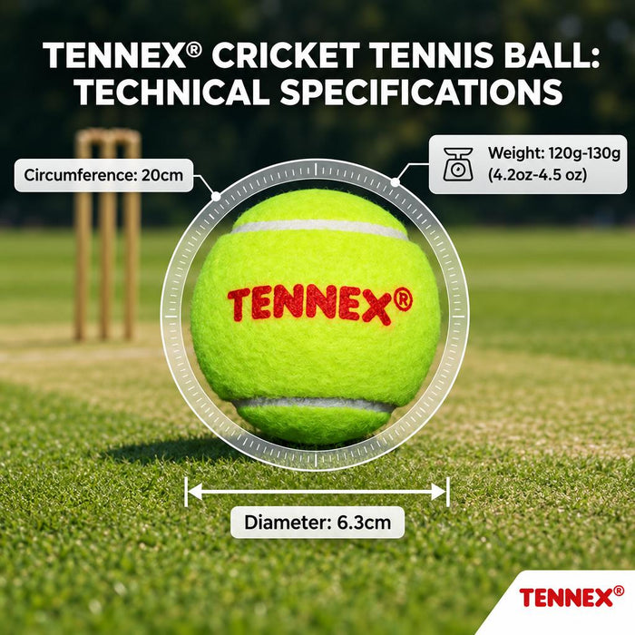 Tennex ball specifications: 120–130 g, 20 cm circumference and 6.3 cm diameter