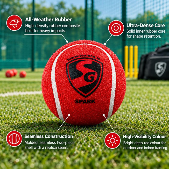 SG Spark red cricket ball features: All-Weather Rubber, Ultra-Dense Core, Seamless Construction and High-Visibility Colour
