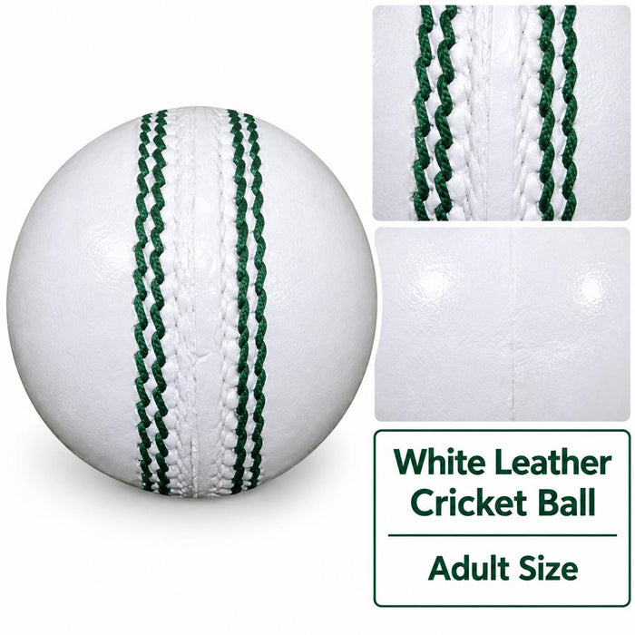 Adult white leather cricket ball with seam and leather close-ups