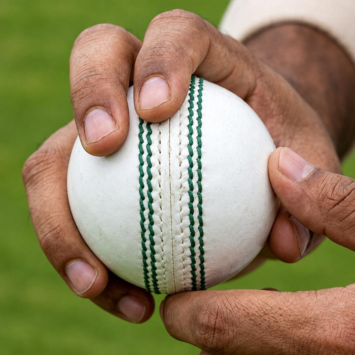 Close-up of hands gripping a white leather cricket ball along its seam