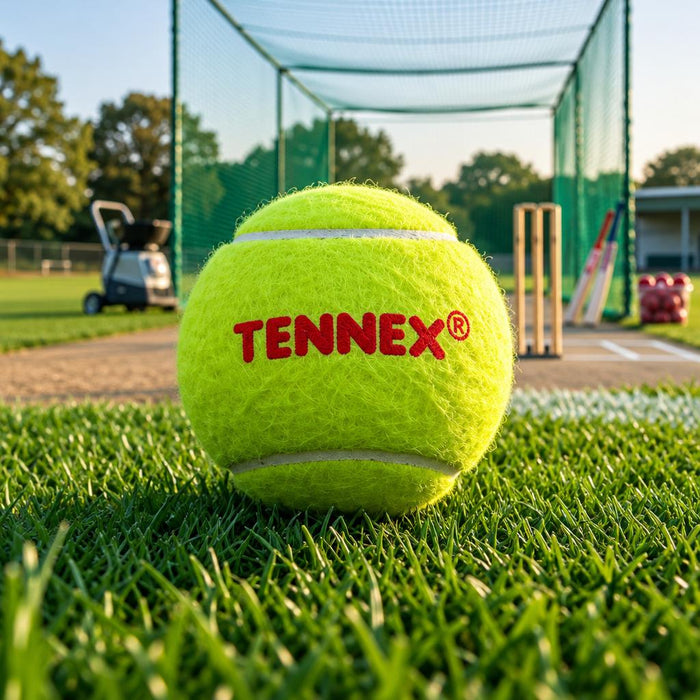 Green Tennex ball on grass beside cricket nets