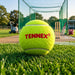 Green Tennex ball on grass beside cricket nets