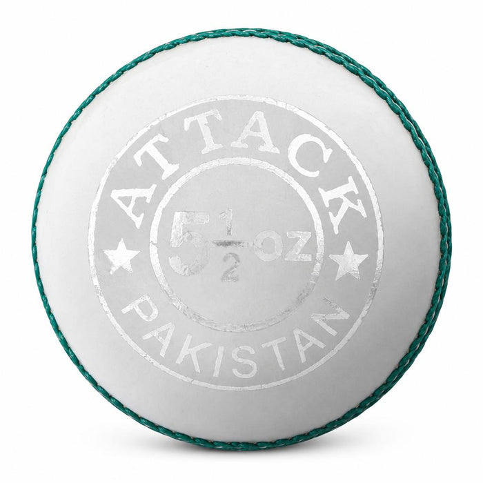 CA Attack white leather cricket ball with Attack branding on white background