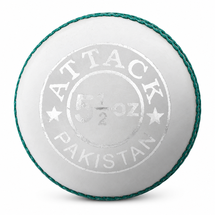 CA Attack white leather cricket ball with Attack branding on white background