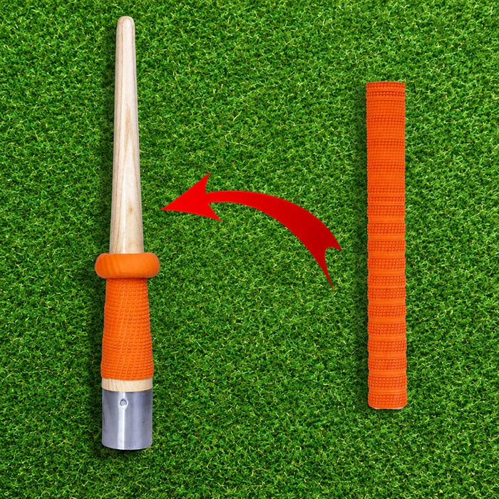 Diagram showing an orange grip loaded onto a cricket grip cone