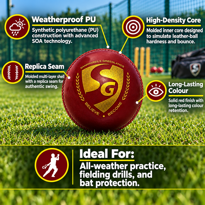SG Everlast Tec synthetic cricket ball features graphic