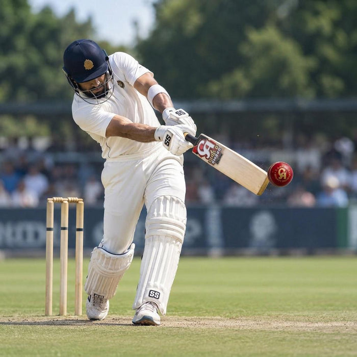 CA red cricket ball in a batting scene on a cricket ground