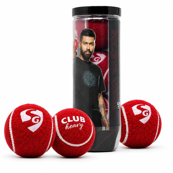 Three red SG Club Heavy tennis cricket balls with their tube