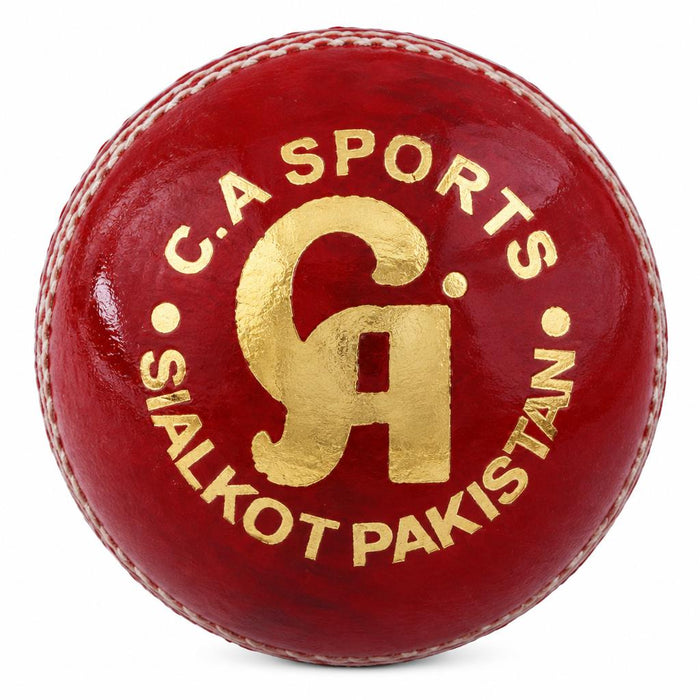 Red leather cricket ball with gold CA Sports branding